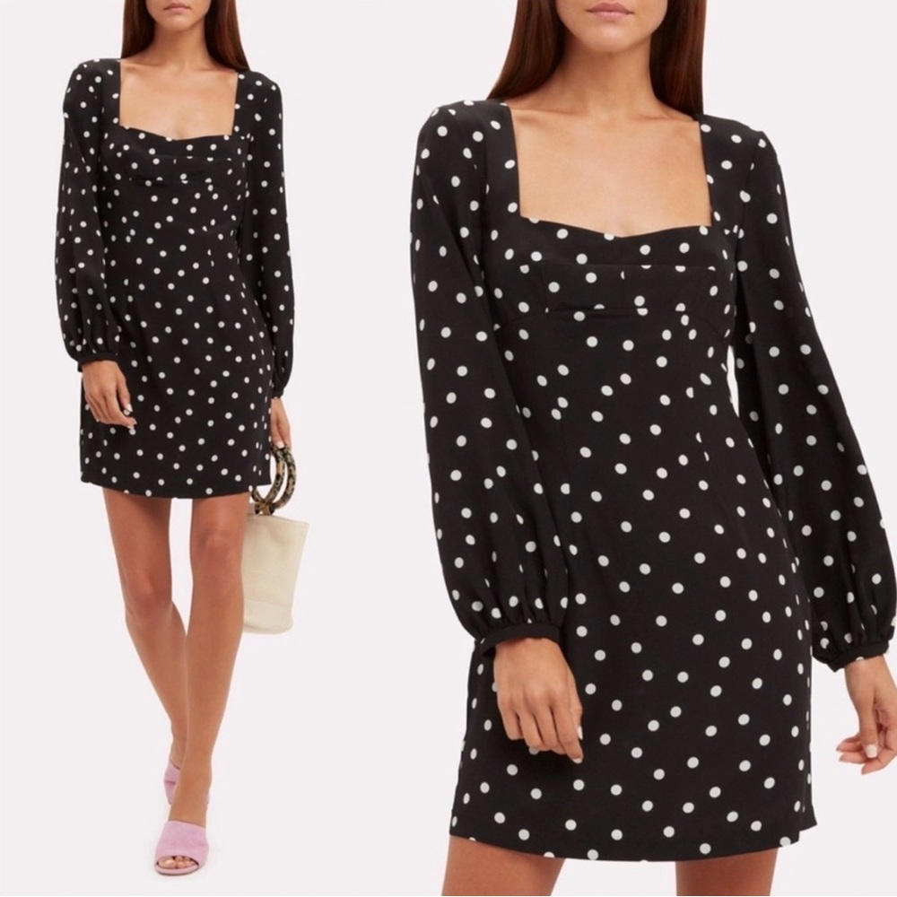 INTERMIX April Polka Dot Long Sleeve Dress 8 100% Silk Black White Sweetheart
